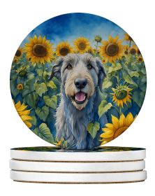 Irish Wolfhound in Sunflowers Large Sandstone Coasters Pack of 4 Absorbent Round Coasters Decor Gifts for Men or Women, 4 in, Multicolor