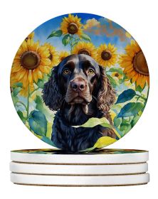 American Water Spaniel in Sunflowers Large Sandstone Coasters Pack of 4 Absorbent Round Coasters Decor Gifts for Men or Women, 4 in, Multicolor