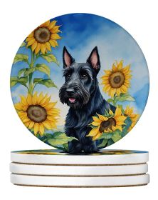Scottish Terrier in Sunflowers Large Sandstone Coasters Pack of 4 Absorbent Round Coasters Decor Gifts for Men or Women, 4 in, Multicolor