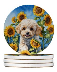 Maltipoo in Sunflowers Large Sandstone Coasters Pack of 4 Absorbent Round Coasters Decor Gifts for Men or Women, 4 in, Multicolor