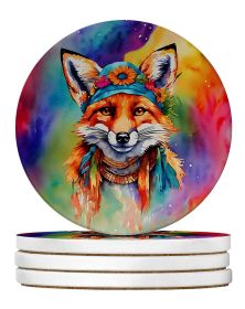 Hippie Animal Fox Large Sandstone Coasters Pack of 4 Absorbent Round Coasters Decor Gifts for Men or Women, 4 in, Multicolor