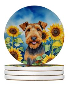 Airedale Terrier in Sunflowers Large Sandstone Coasters Pack of 4 Absorbent Round Coasters Decor Gifts for Men or Women, 4 in, Multicolor