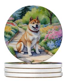 Akita Spring Garden Large Sandstone Coasters Pack of 4 Absorbent Round Coasters Decor Gifts for Men or Women, 4 in, Multicolor