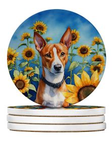 Basenji in Sunflowers Large Sandstone Coasters Pack of 4 Absorbent Round Coasters Decor Gifts for Men or Women, 4 in, Multicolor