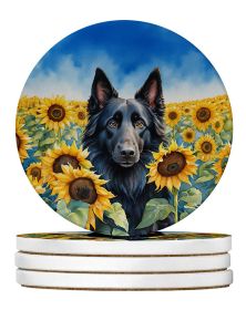 Belgian Sheepdog in Sunflowers Large Sandstone Coasters Pack of 4 Absorbent Round Coasters Decor Gifts for Men or Women, 4 in, Multicolor
