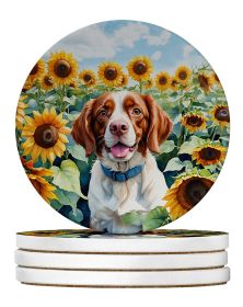 Brittany Spaniel in Sunflowers Large Sandstone Coasters Pack of 4 Absorbent Round Coasters Decor Gifts for Men or Women, 4 in, Multicolor