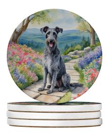 Scottish Deerhound Spring Path Large Sandstone Coasters Pack of 4 Absorbent Round Coasters Decor Gifts for Men or Women, 4 in, Multicolor