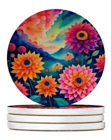 Colorful Dahlias Large Sandstone Coasters Pack of 4 Absorbent Round Coasters Decor Gifts for Men or Women, 4 in, Multicolor