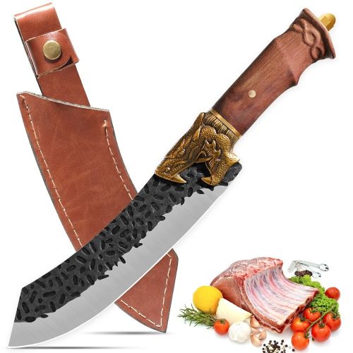 Qulajoy Boning Knife - Hand Forged Camping Knife 7Cr17MOV Blade - Dragon Head Handle And Leather Sheath - Unique Dragon Style - Viking Knife For