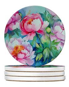 Peonies in Watercolor Large Sandstone Coasters Pack of 4 Absorbent Round Coasters Decor Gifts for Men or Women, 4 in, Multicolor (Default: Default)