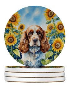 Cocker Spaniel in Sunflowers Large Sandstone Coasters Pack of 4 Absorbent Round Coasters Decor Gifts for Men or Women, 4 in, Multicolor (Default: Default)