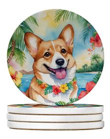 Corgi Luau Large Sandstone Coasters Pack of 4 Absorbent Round Coasters Decor Gifts for Men or Women, 4 in, Multicolor (Default: Default)