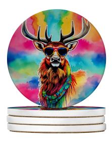 Hippie Animal Stag Deer Large Sandstone Coasters Pack of 4 Absorbent Round Coasters Decor Gifts for Men or Women, 4 in, Multicolor (Default: Default)